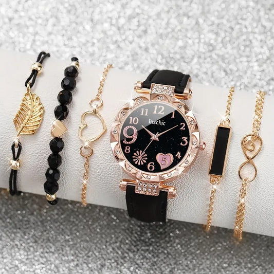 Women's Diamond Dial Belt Quartz Watch Beaded Bracelet Suit