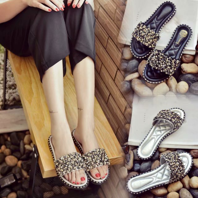 Summer sandals, sequined flowers, sandals, ladies flat slippers