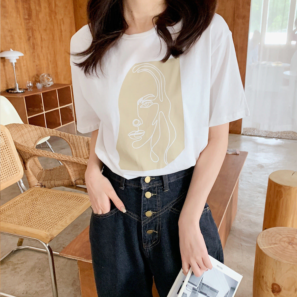 Toppies Abstract T-shirts Character Printing Women Tops Solid Color Summer white Cotton Tops Tees harajuku clothing