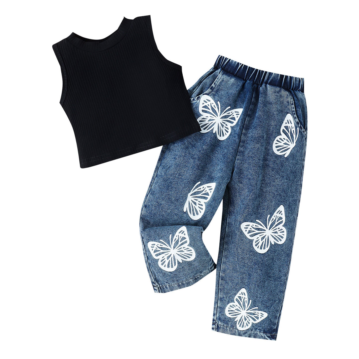 Sleeveless Vest Butterfly Print Washed Jeans Girls Suit