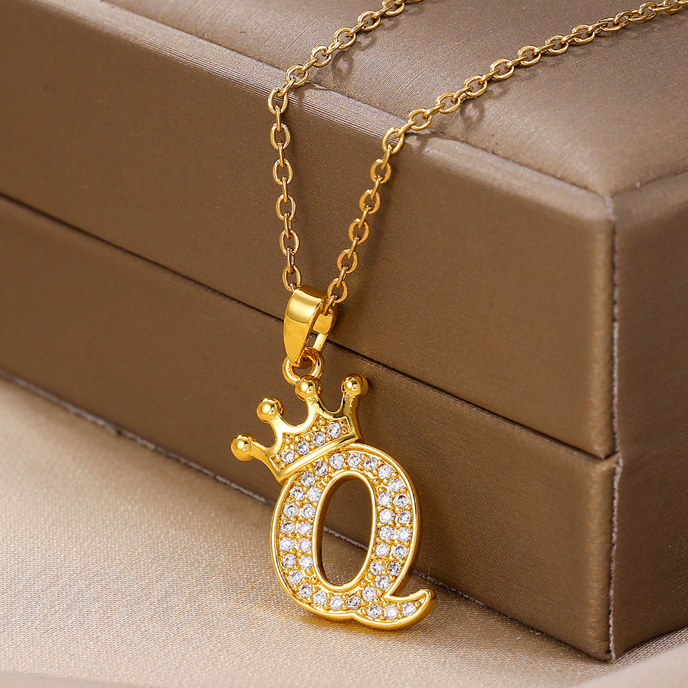 1PCS Fashionable Gold Diamond Crown Uppercase Letter Popular Pendant Necklace, Suitable For Daily Use, Festivals, Parties, Gifts Jewelry Set