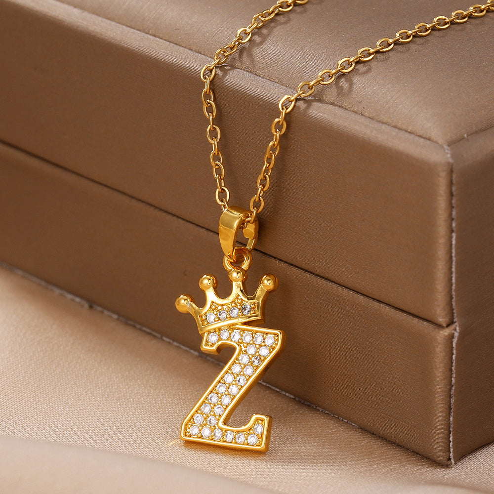 1PCS Fashionable Gold Diamond Crown Uppercase Letter Popular Pendant Necklace, Suitable For Daily Use, Festivals, Parties, Gifts Jewelry Set