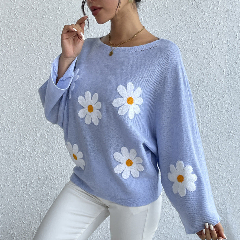 New Loose Bat Sleeve Sweater For Women Tops Embroidered Flower College One-shoulder Sweater