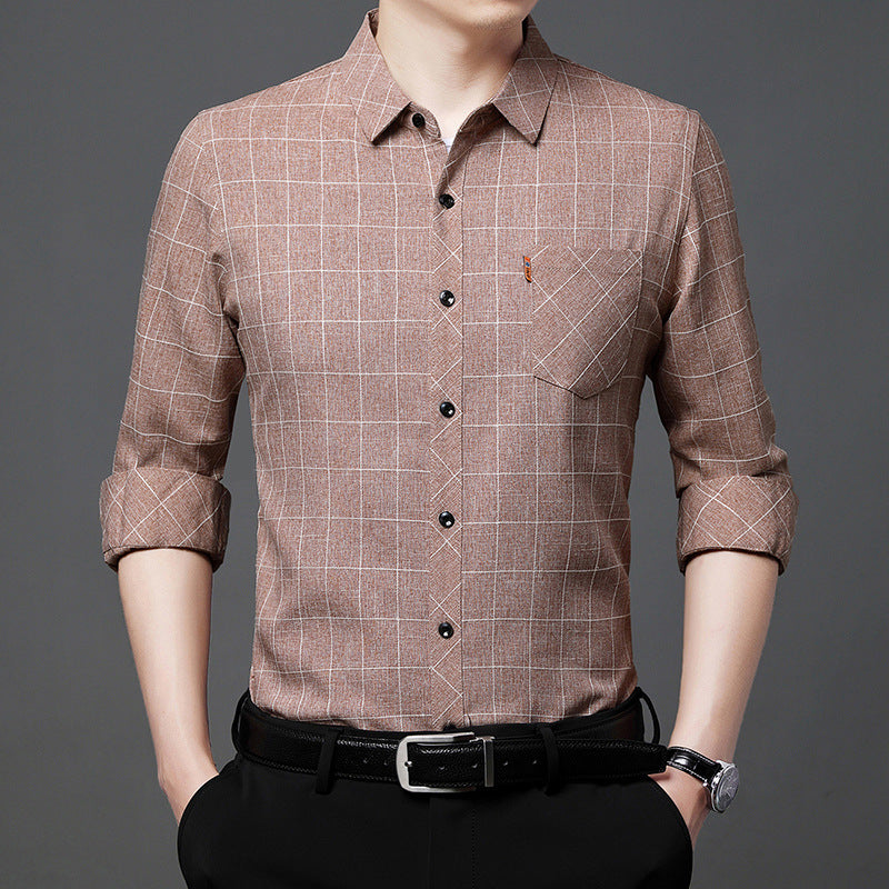 Linen-like Plaid Long-sleeved Shirt For Middle-aged Men