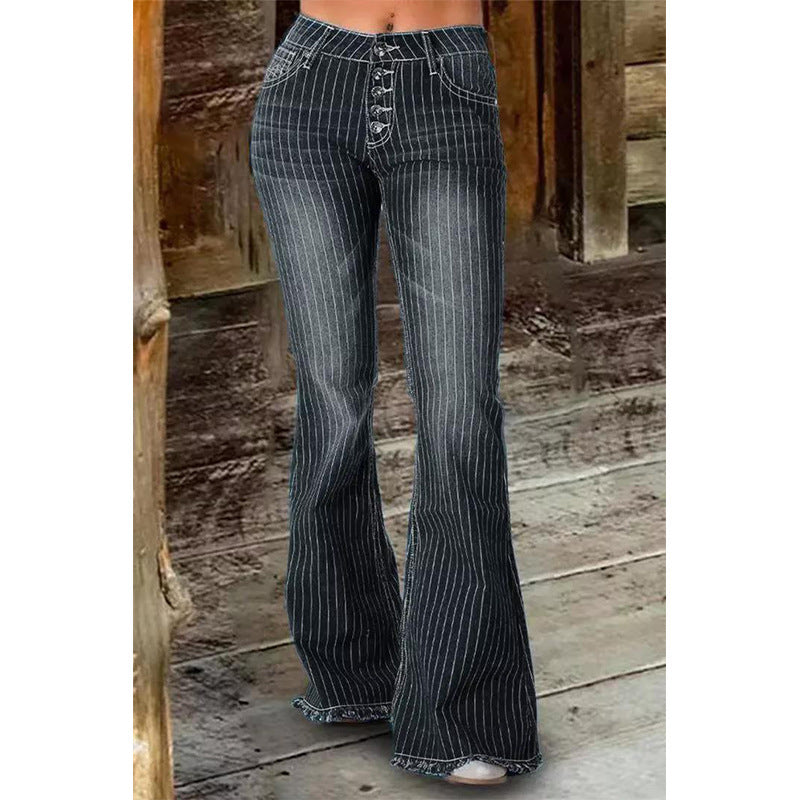 Fashion Mid Waist Striped Flare Pants