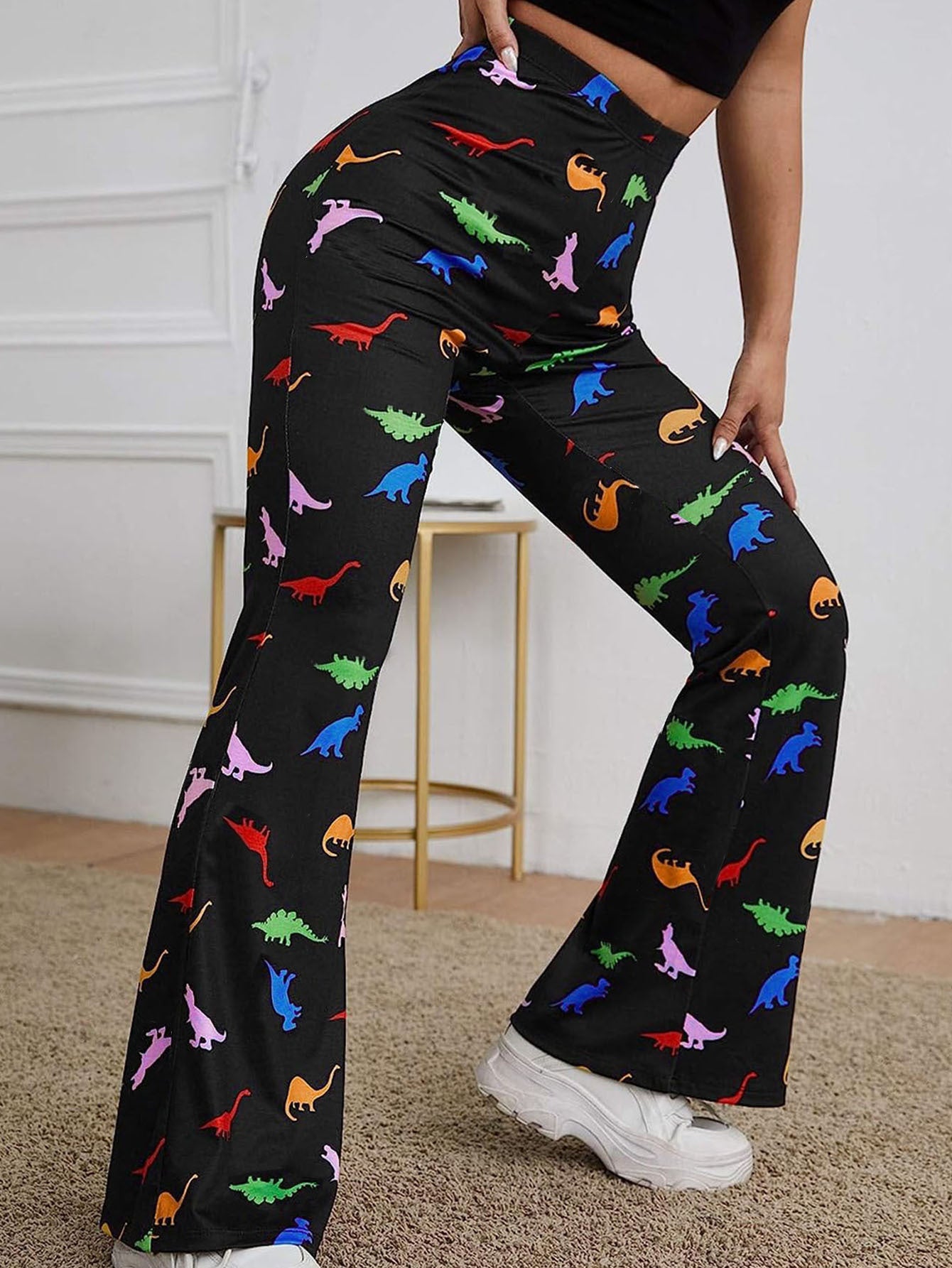 Long Bell-bottom Pants Dinosaur Printed High Waist High Elastic Trousers For Women