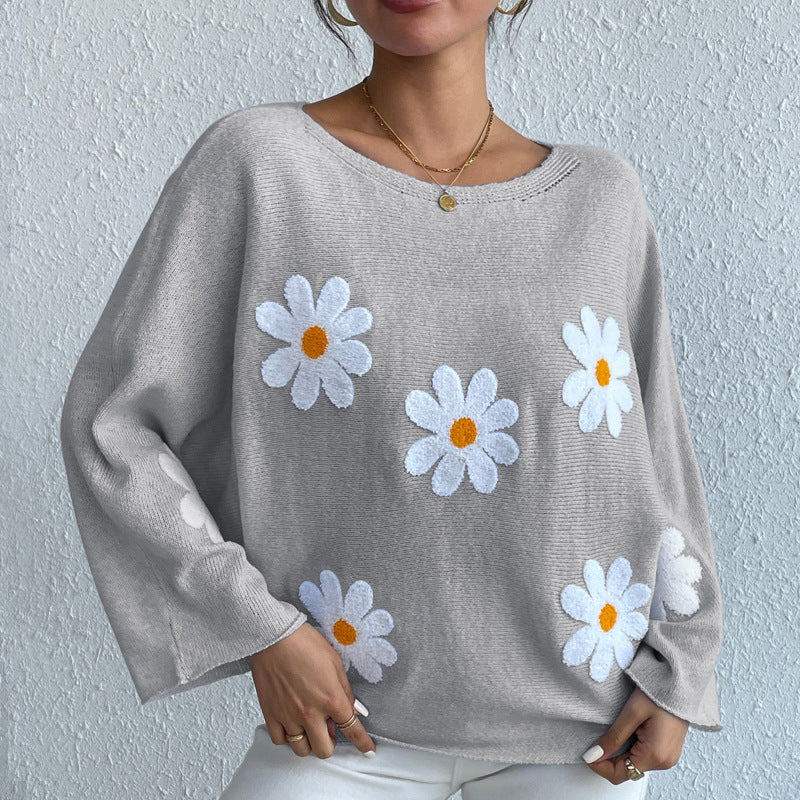 New Loose Bat Sleeve Sweater For Women Tops Embroidered Flower College One-shoulder Sweater