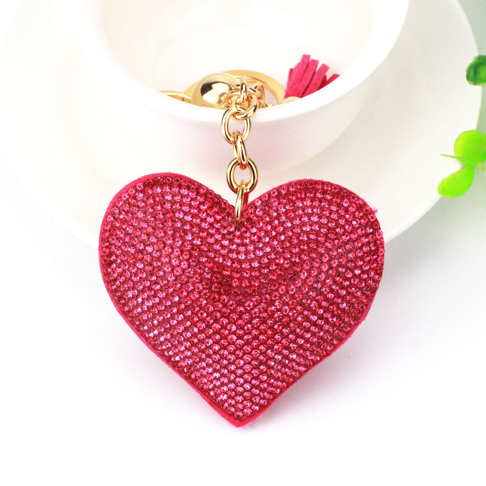 Peach Heart Rhinestone Leather Key Chain Love Tassel Bag Pendant