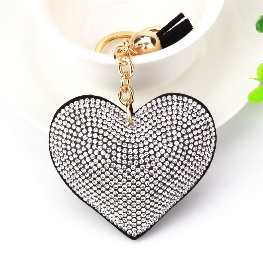 Peach Heart Rhinestone Leather Key Chain Love Tassel Bag Pendant