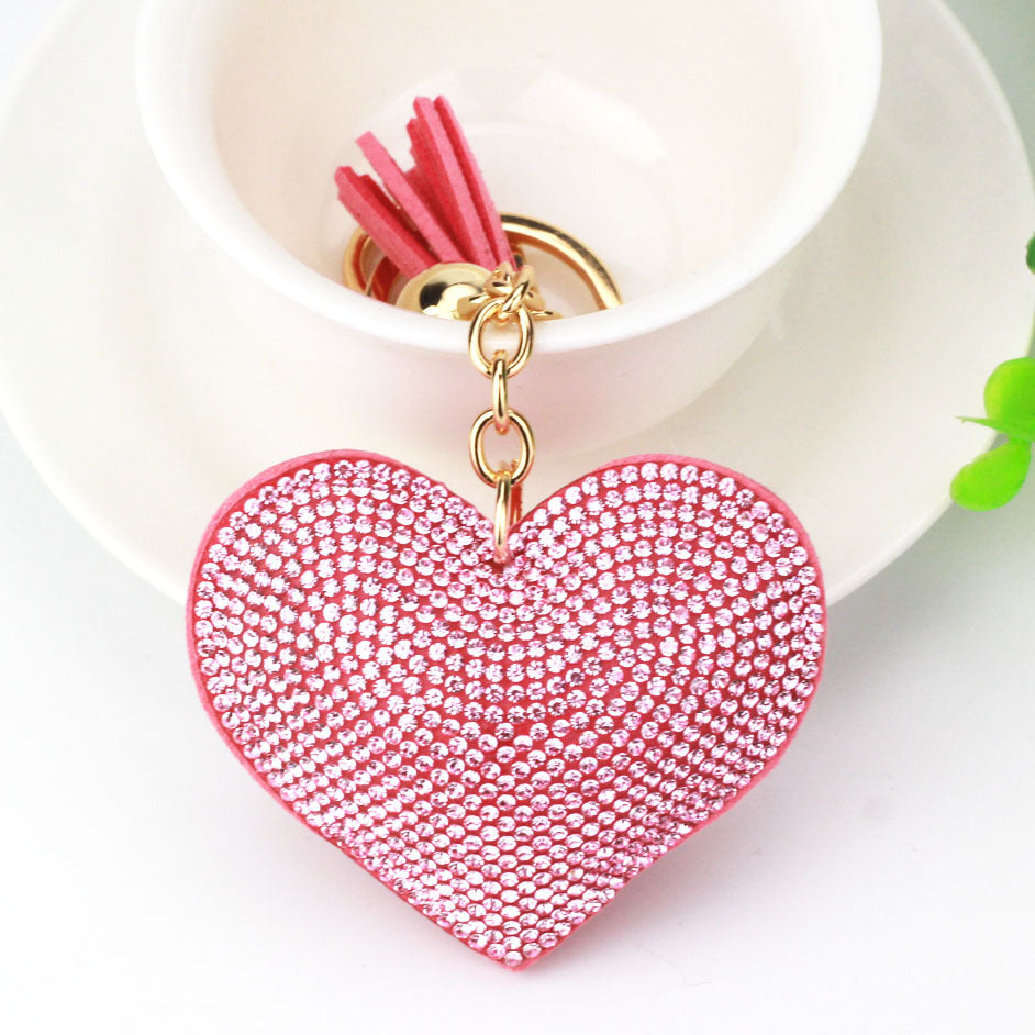 Peach Heart Rhinestone Leather Key Chain Love Tassel Bag Pendant