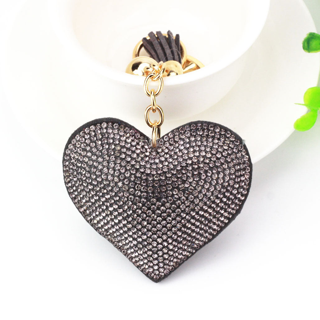 Peach Heart Rhinestone Leather Key Chain Love Tassel Bag Pendant