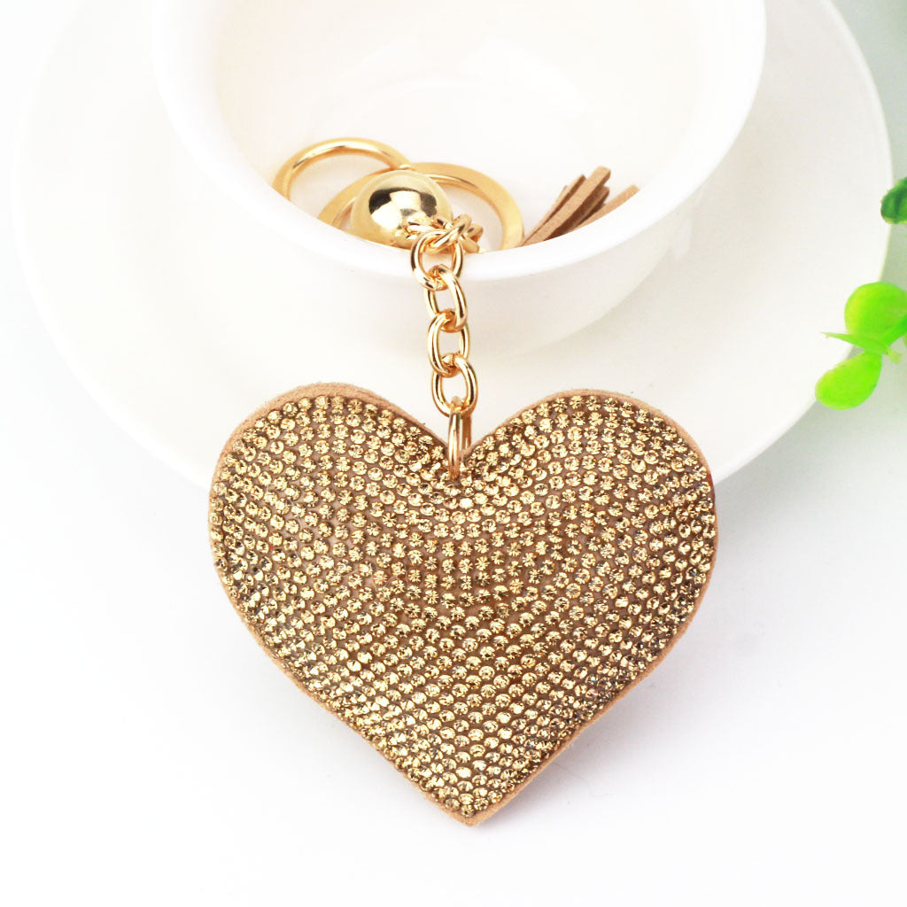 Peach Heart Rhinestone Leather Key Chain Love Tassel Bag Pendant