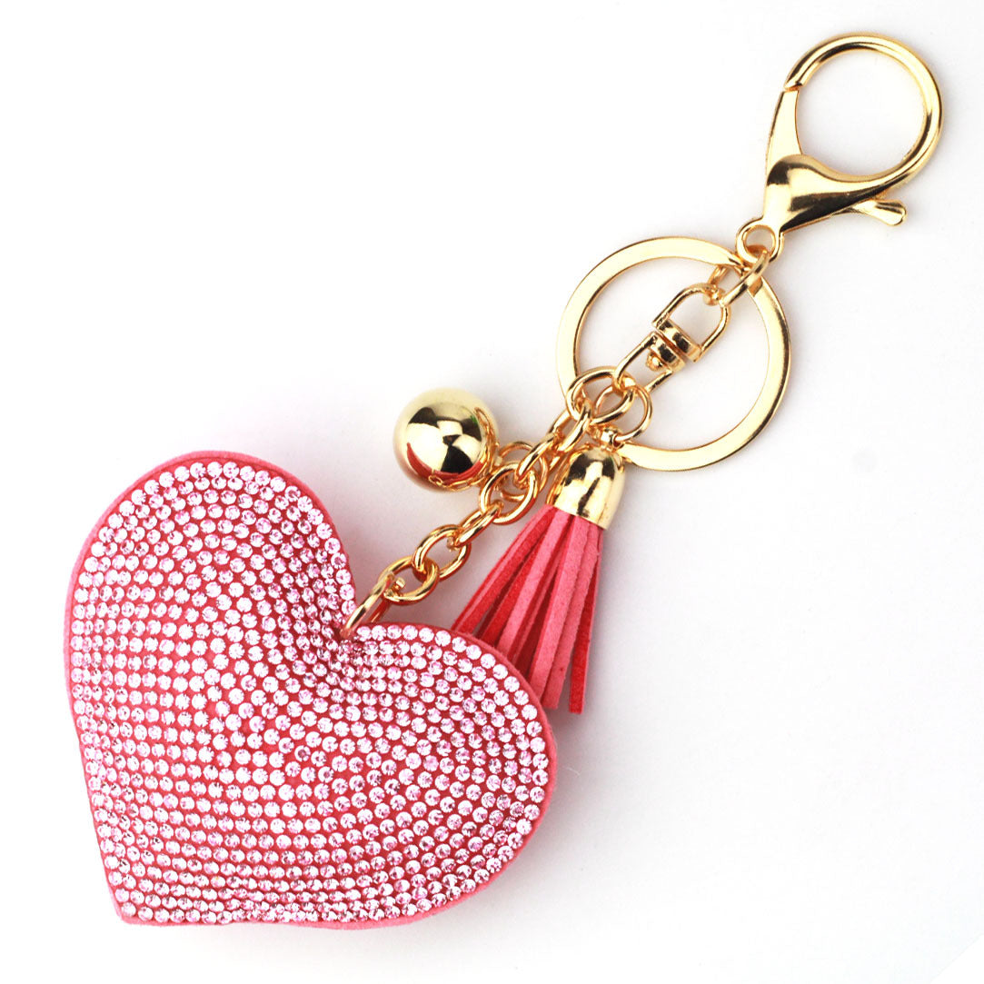 Peach Heart Rhinestone Leather Key Chain Love Tassel Bag Pendant