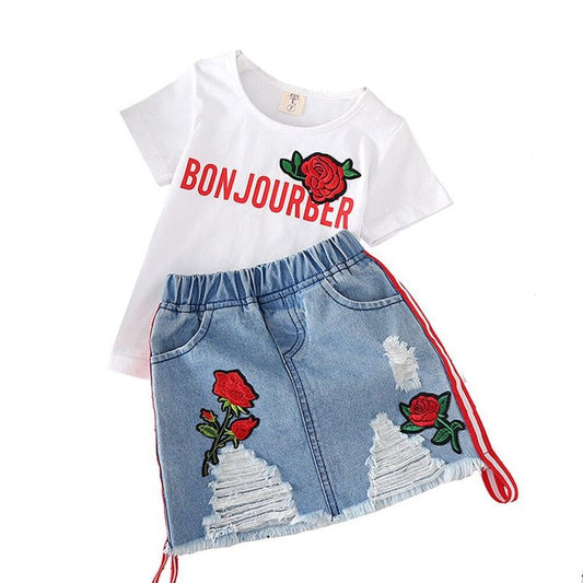 Kids Clothes White T-shirt Denim Skirt 2pcs Girls Suits