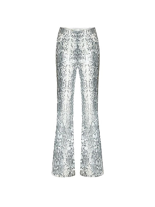 Low Rise Snake Print Sequin Slim Fit Flared Pants