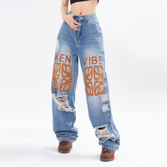 Ripped Letter-printing Jeans For Men And Women