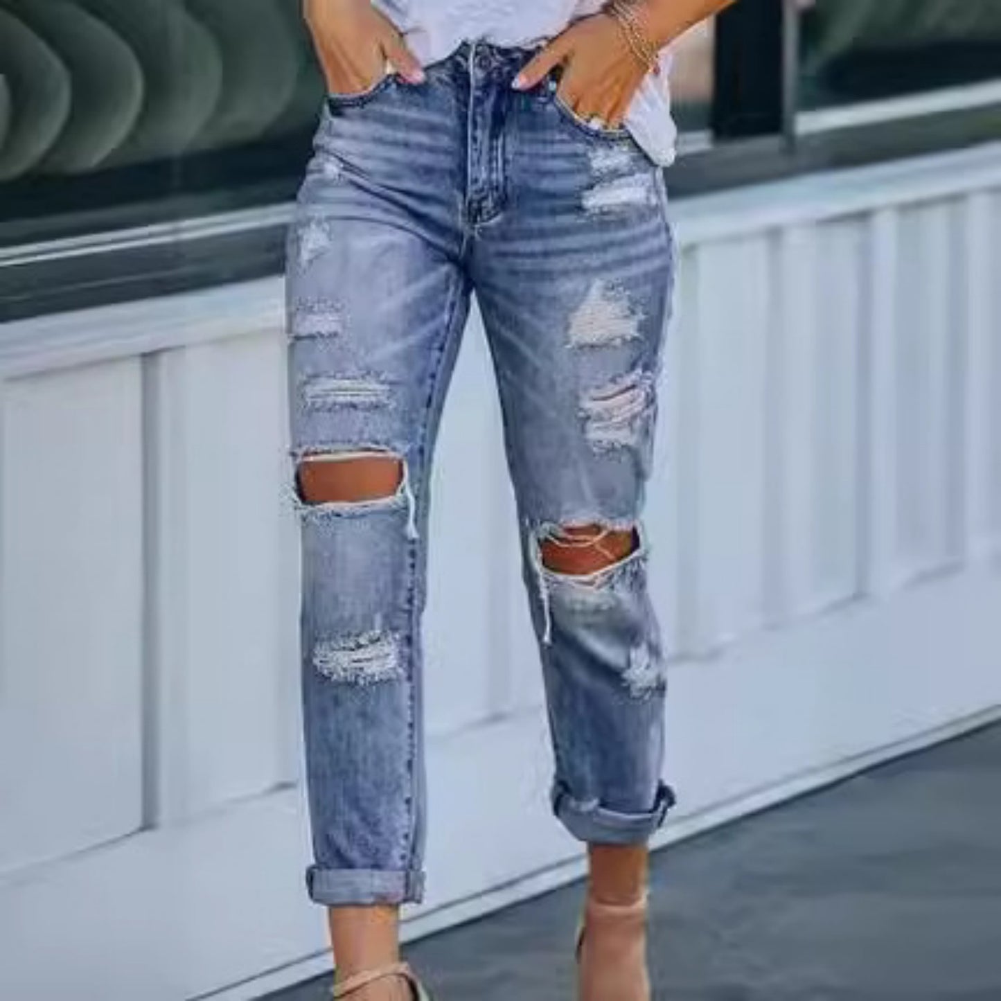 Ripped Slim Fit Jeans For Women