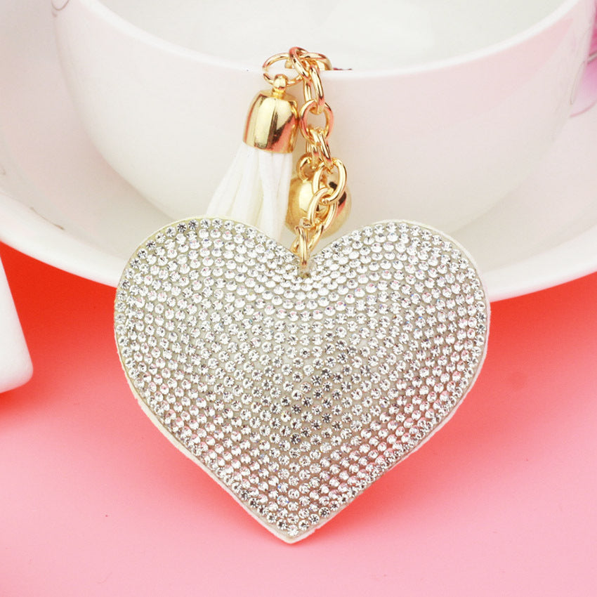 Peach Heart Rhinestone Leather Key Chain Love Tassel Bag Pendant