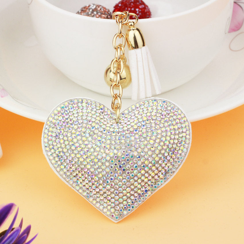 Peach Heart Rhinestone Leather Key Chain Love Tassel Bag Pendant