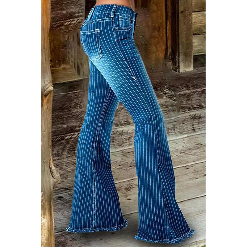 Fashion Mid Waist Striped Flare Pants