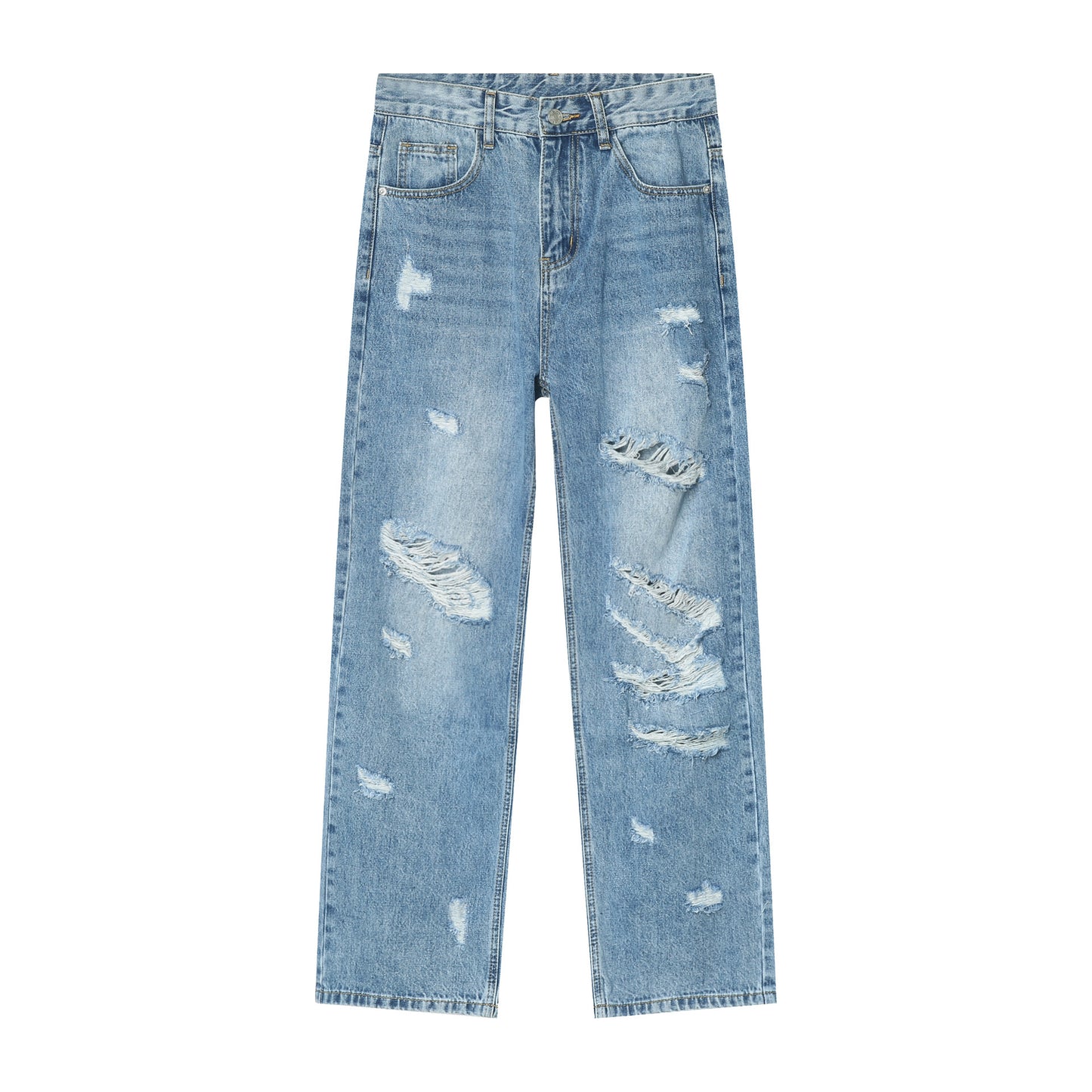 Washed Blue With Holes Straight Jeans For Men