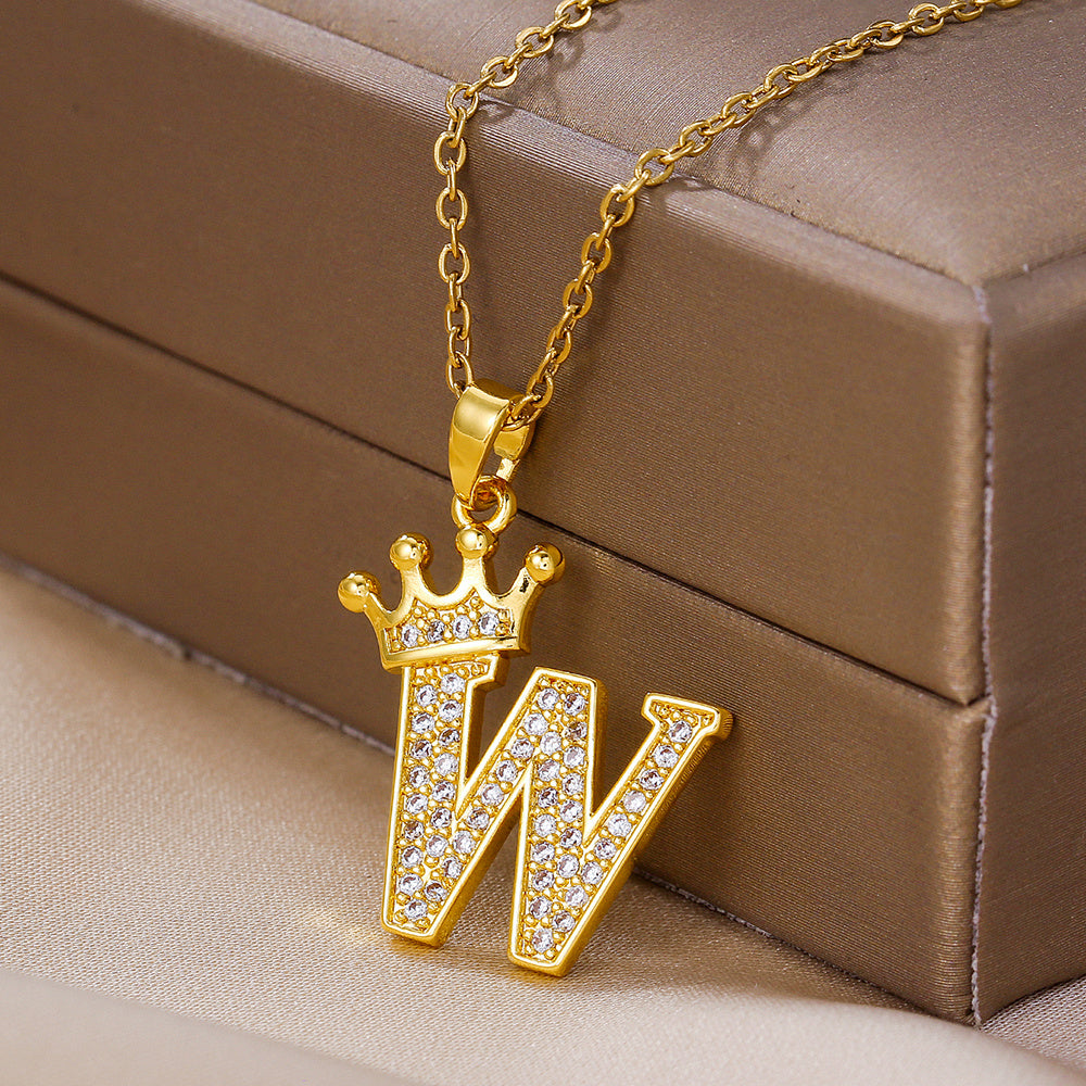 1PCS Fashionable Gold Diamond Crown Uppercase Letter Popular Pendant Necklace, Suitable For Daily Use, Festivals, Parties, Gifts Jewelry Set