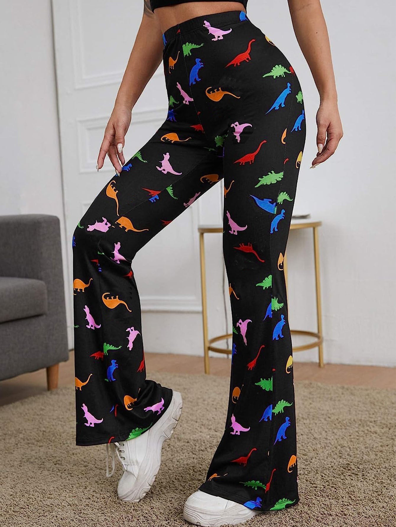 Long Bell-bottom Pants Dinosaur Printed High Waist High Elastic Trousers For Women