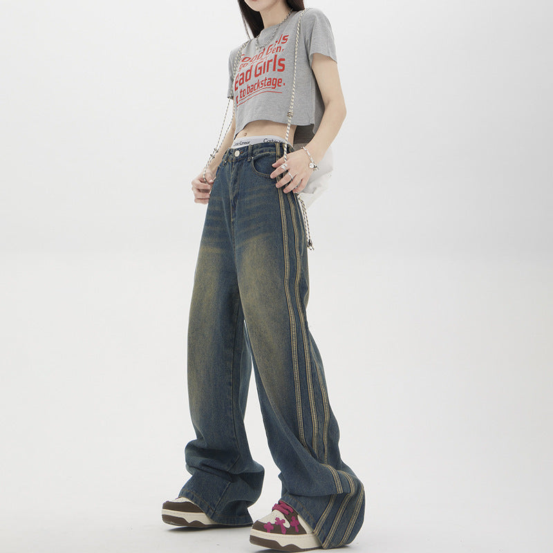 Fashion Striped Wide Straight Jeans For Women