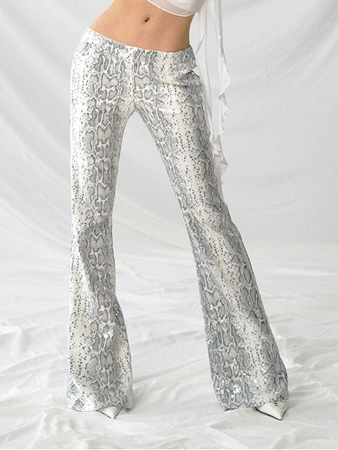 Low Rise Snake Print Sequin Slim Fit Flared Pants