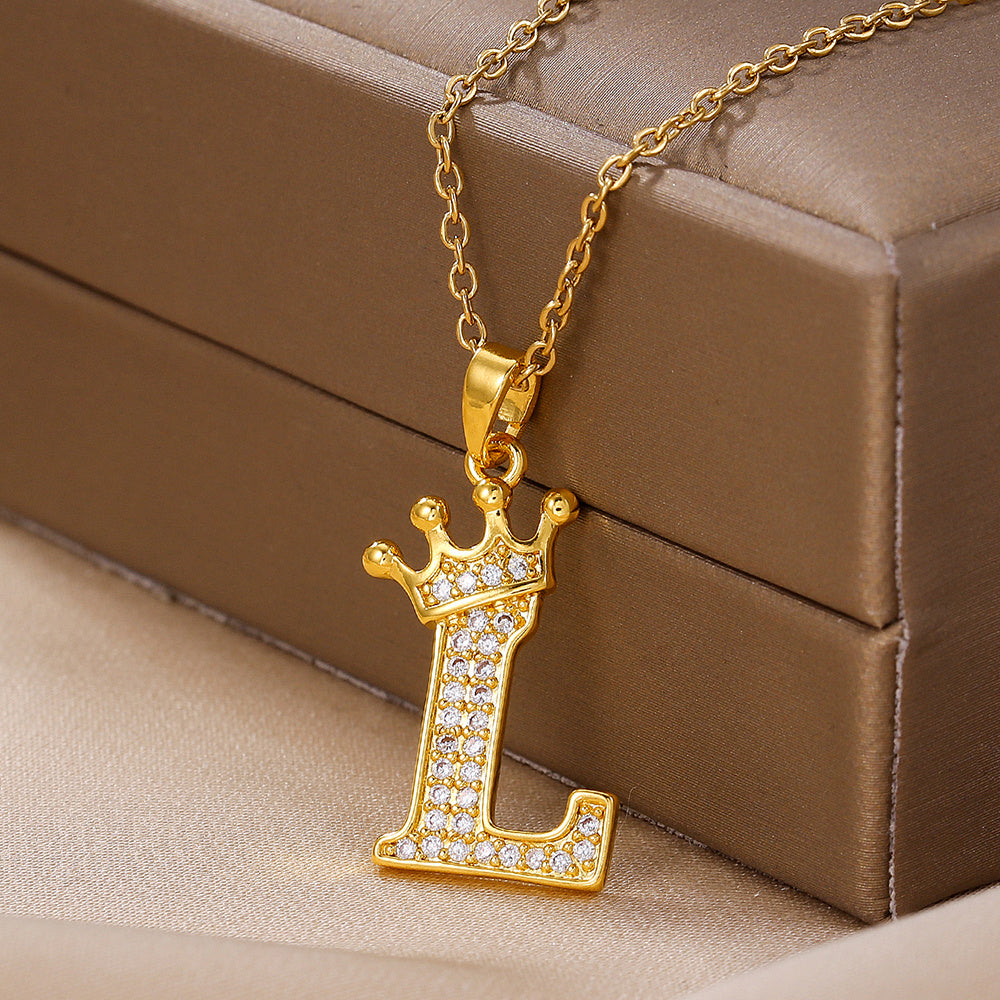 1PCS Fashionable Gold Diamond Crown Uppercase Letter Popular Pendant Necklace, Suitable For Daily Use, Festivals, Parties, Gifts Jewelry Set