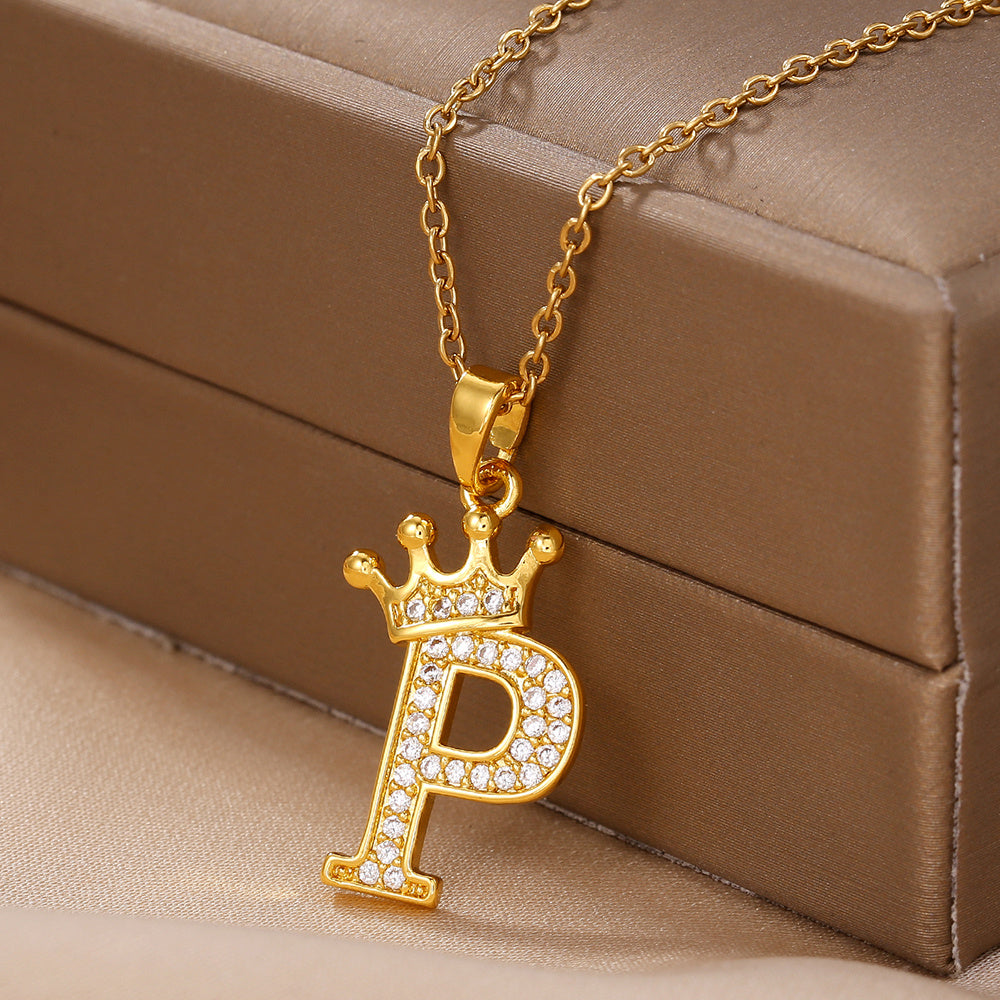 1PCS Fashionable Gold Diamond Crown Uppercase Letter Popular Pendant Necklace, Suitable For Daily Use, Festivals, Parties, Gifts Jewelry Set