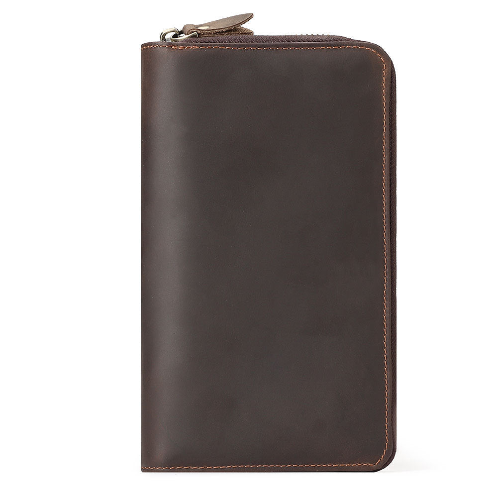 First Layer Cowhide Vintage Zipper Multiple Card Slots Genuine Leather Wallet