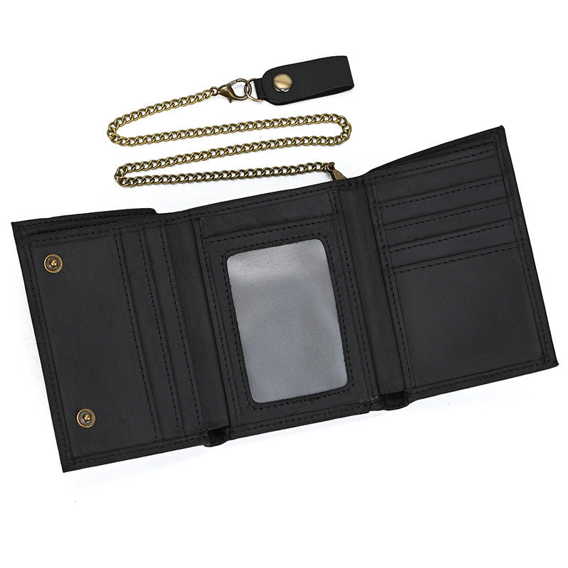 RFID Genuine Leather Small Wallet Men's Three Fold Multiple Card Slots With Iron Chain