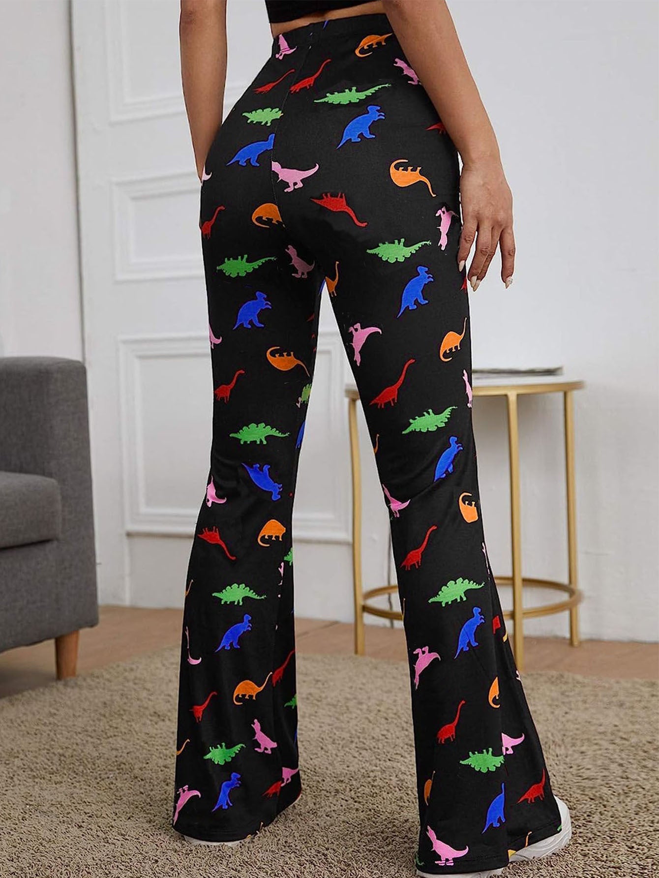 Long Bell-bottom Pants Dinosaur Printed High Waist High Elastic Trousers For Women