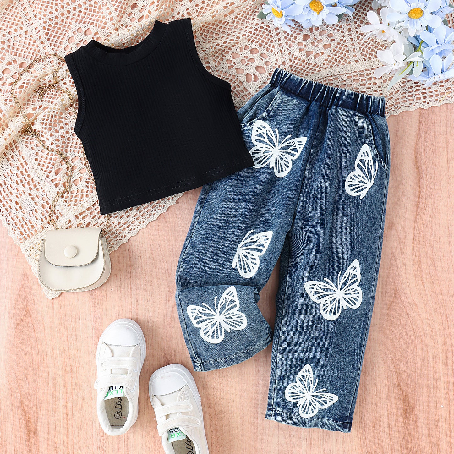 Sleeveless Vest Butterfly Print Washed Jeans Girls Suit