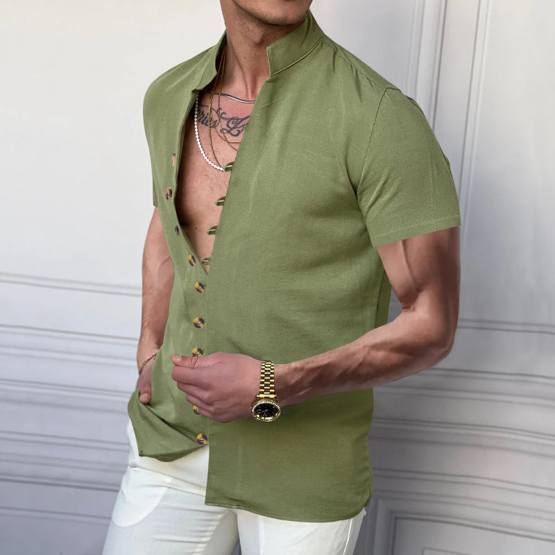 Linen Button Stand Collar Short Sleeve Shirt