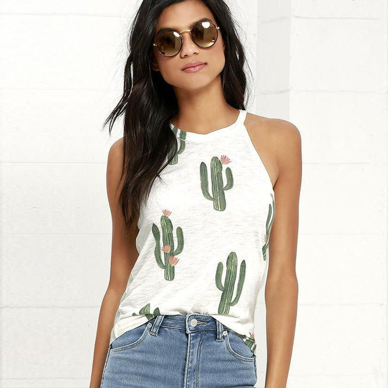 Summer Cactus Print Women T Shirt Casual Halter Harajuku Women TShirt Tops Tees Female Shirts Camiseta Women Tops