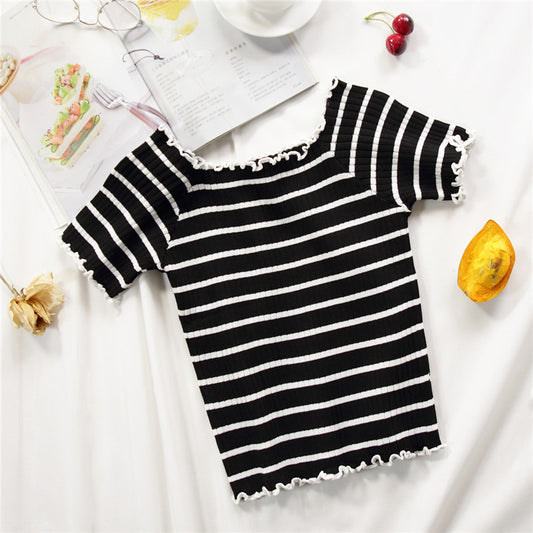 Women T-Shirts Knitting Stripes Off Shoulder Flounce Hem Tees