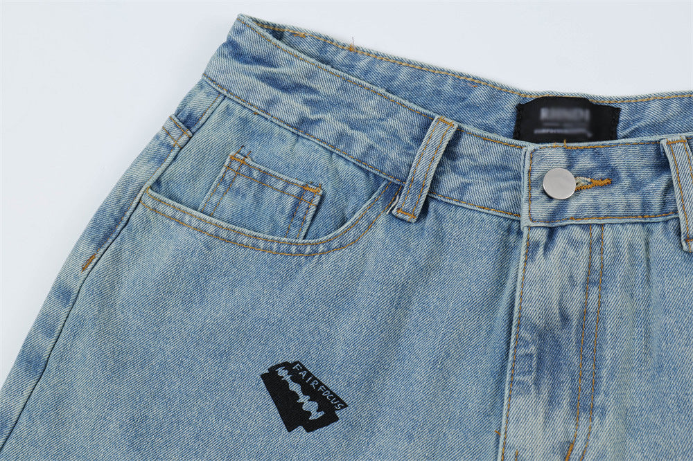 Printed Denim Straight Shorts For Men