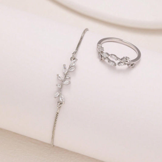 2pcs Fashion Silver Horse Eye Crystal Zircon Leaf Bracelet And Ring,Pulling Bracelet Suitable For Women's Daily Holiday Outfits