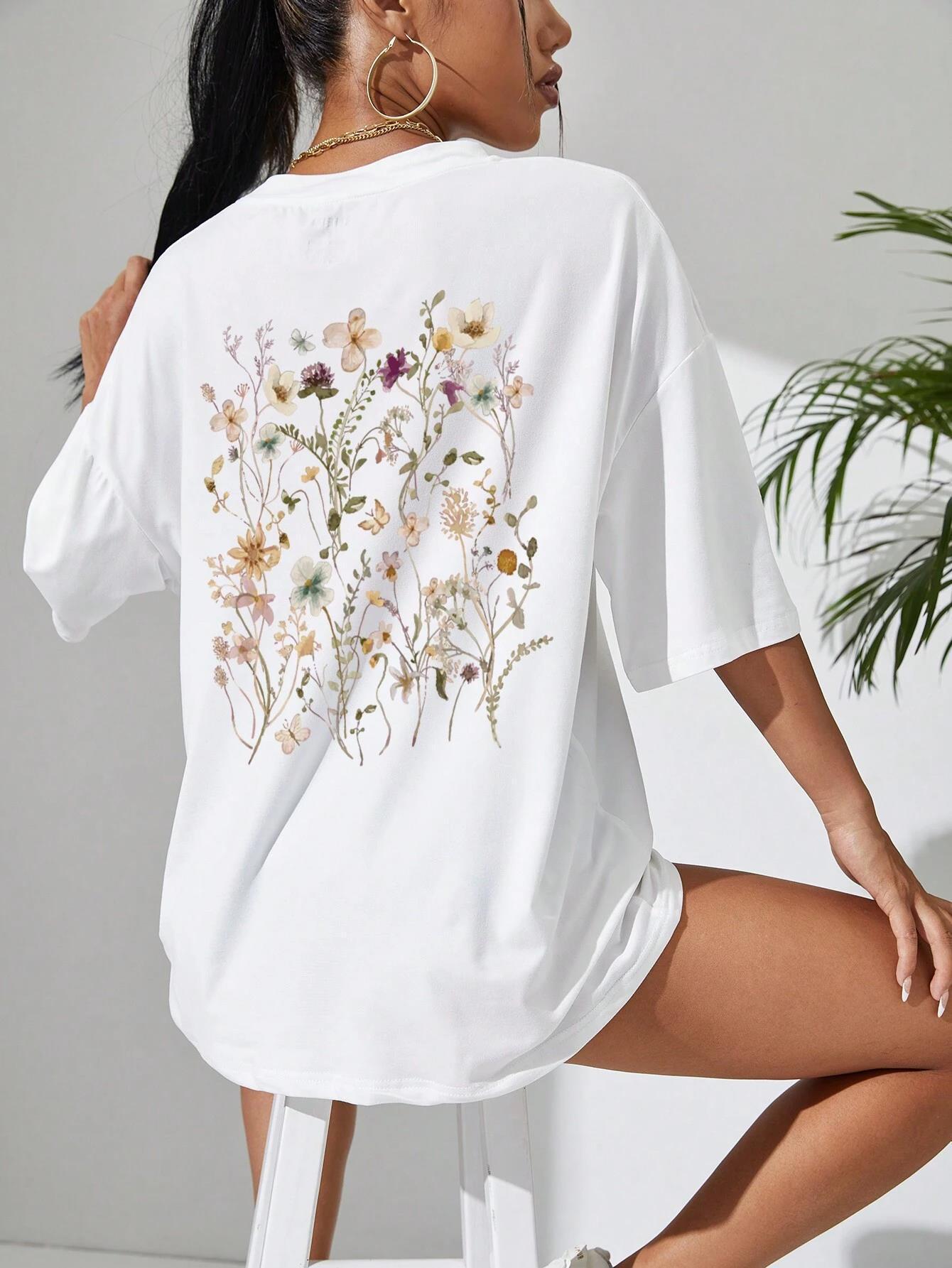 Beautiful Flower Clusters Print Cotton Women T-shirts Casual