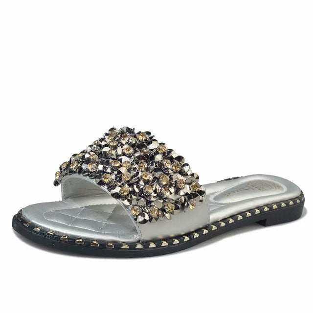 Summer sandals, sequined flowers, sandals, ladies flat slippers