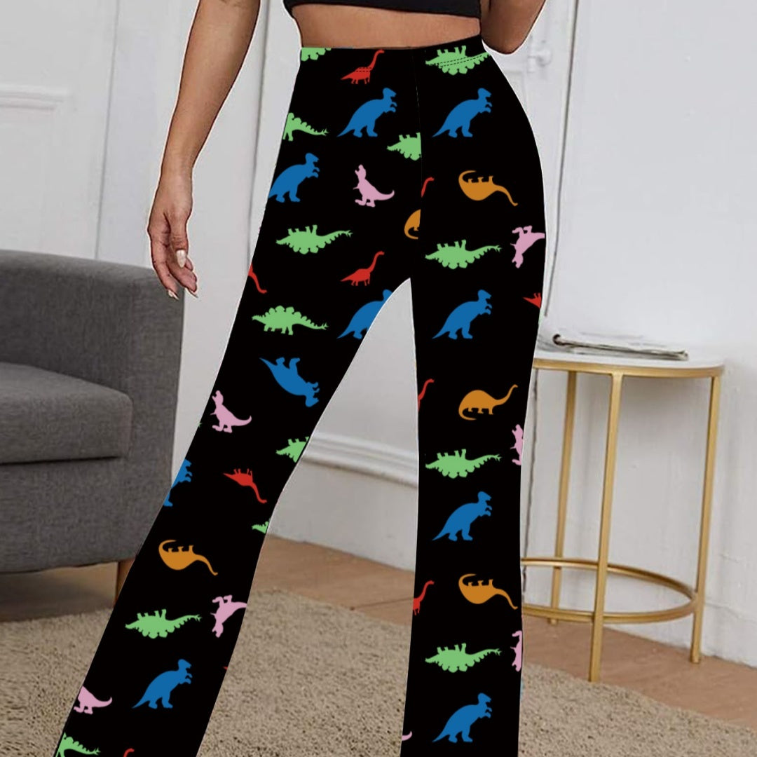 Long Bell-bottom Pants Dinosaur Printed High Waist High Elastic Trousers For Women