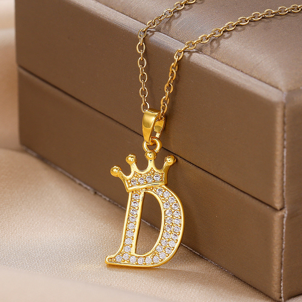 1PCS Fashionable Gold Diamond Crown Uppercase Letter Popular Pendant Necklace, Suitable For Daily Use, Festivals, Parties, Gifts Jewelry Set