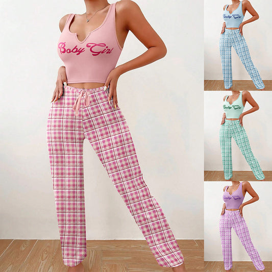 Cute Women Clothing Homewear Vest Color Matching Plaid Trousers Letter Print Top Women Suit Pajamas For Women