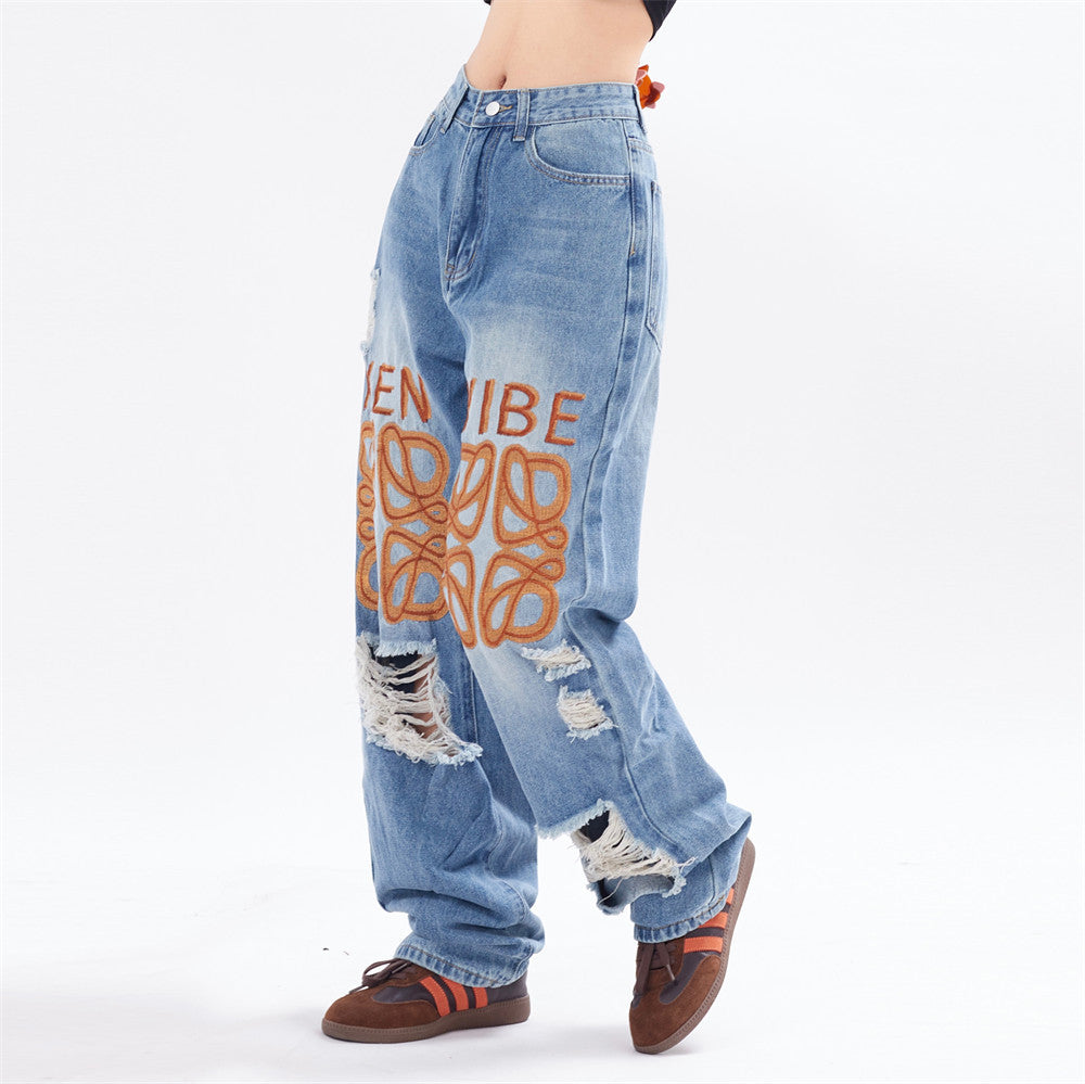 Ripped Letter-printing Jeans For Men And Women