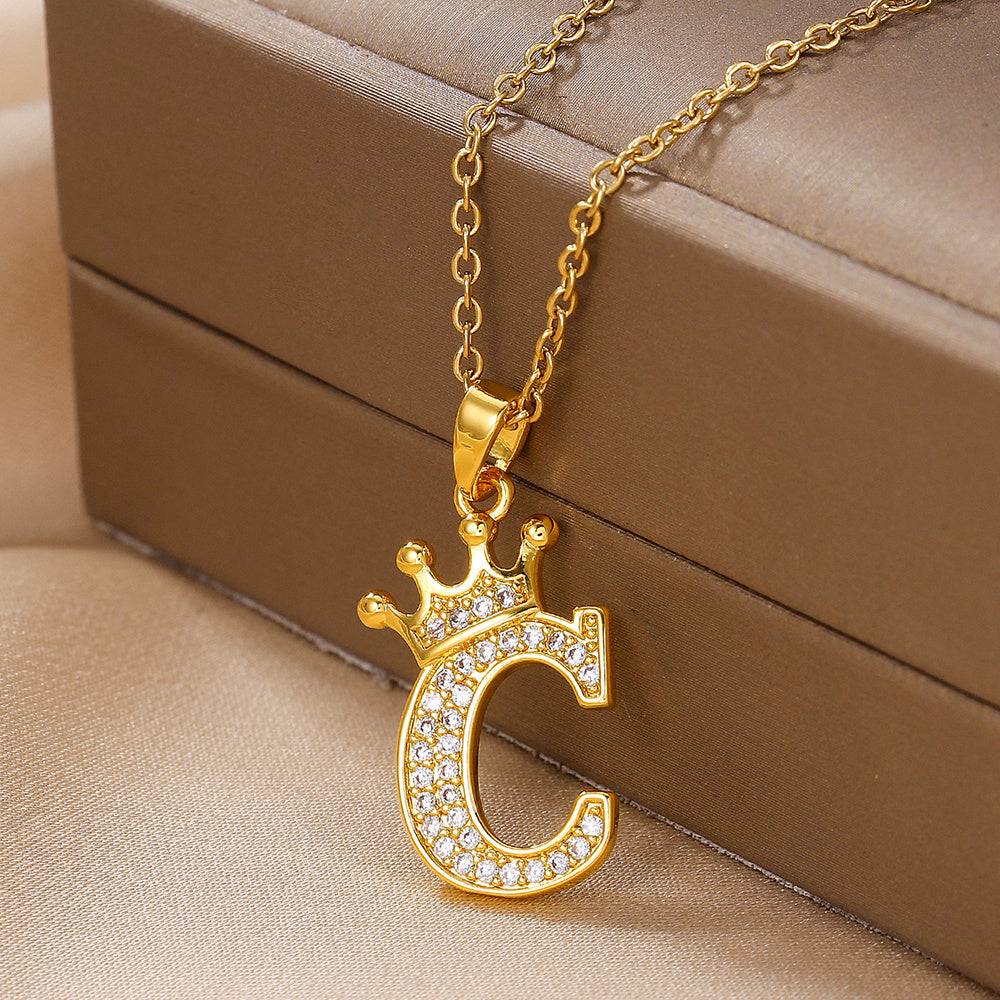 1PCS Fashionable Gold Diamond Crown Uppercase Letter Popular Pendant Necklace, Suitable For Daily Use, Festivals, Parties, Gifts Jewelry Set