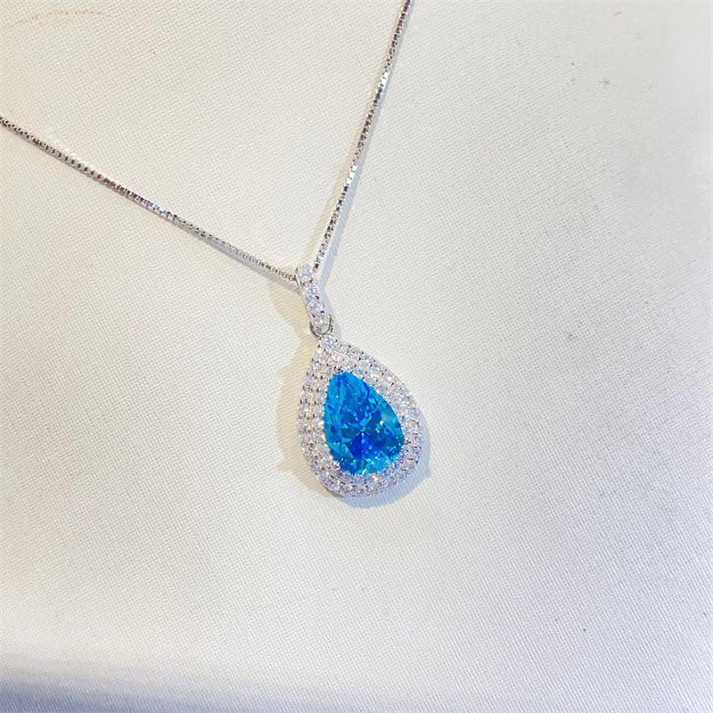 Ocean Blue Sapphire Water Drop Moissanite Pendant Clavicle Chain