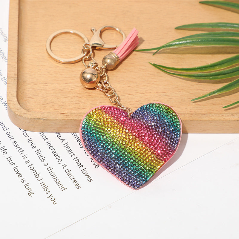 Peach Heart Rhinestone Leather Key Chain Love Tassel Bag Pendant