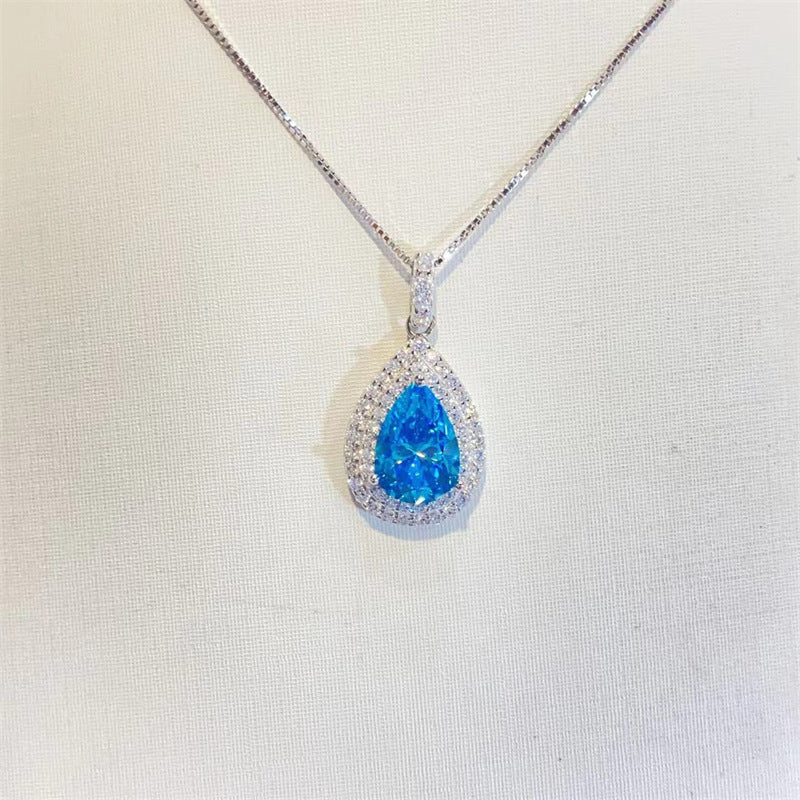 Ocean Blue Sapphire Water Drop Moissanite Pendant Clavicle Chain